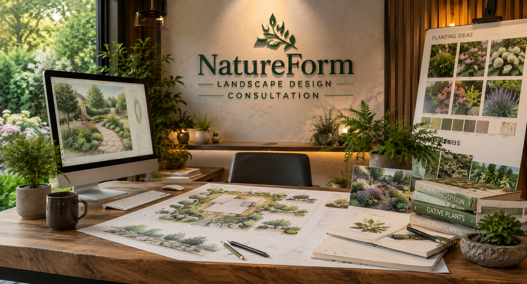 NatureForm landscape design consultation desk with garden plans and planting ideas
